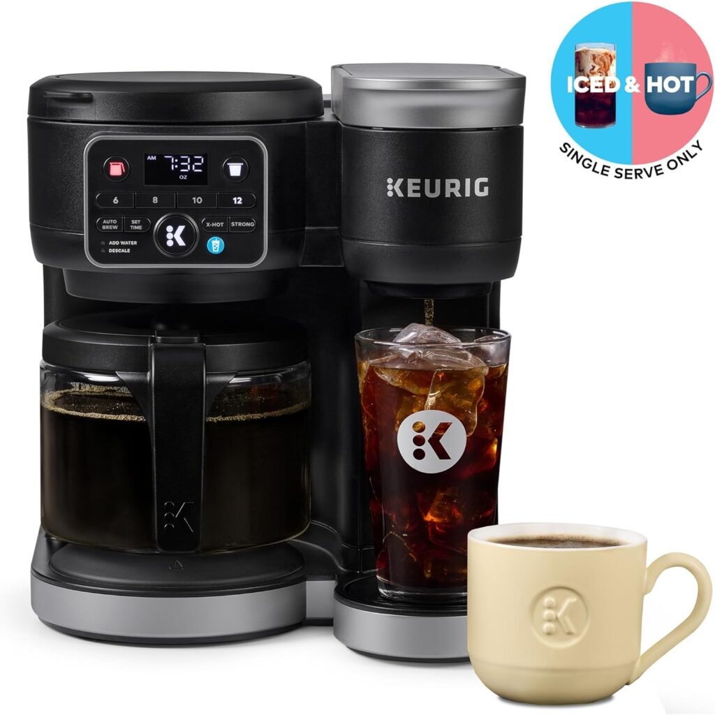 Keurig dual-brew coffee maker brewing hot coffee into a glass carafe on the left and dispensing iced coffee into a clear tumbler on the right.