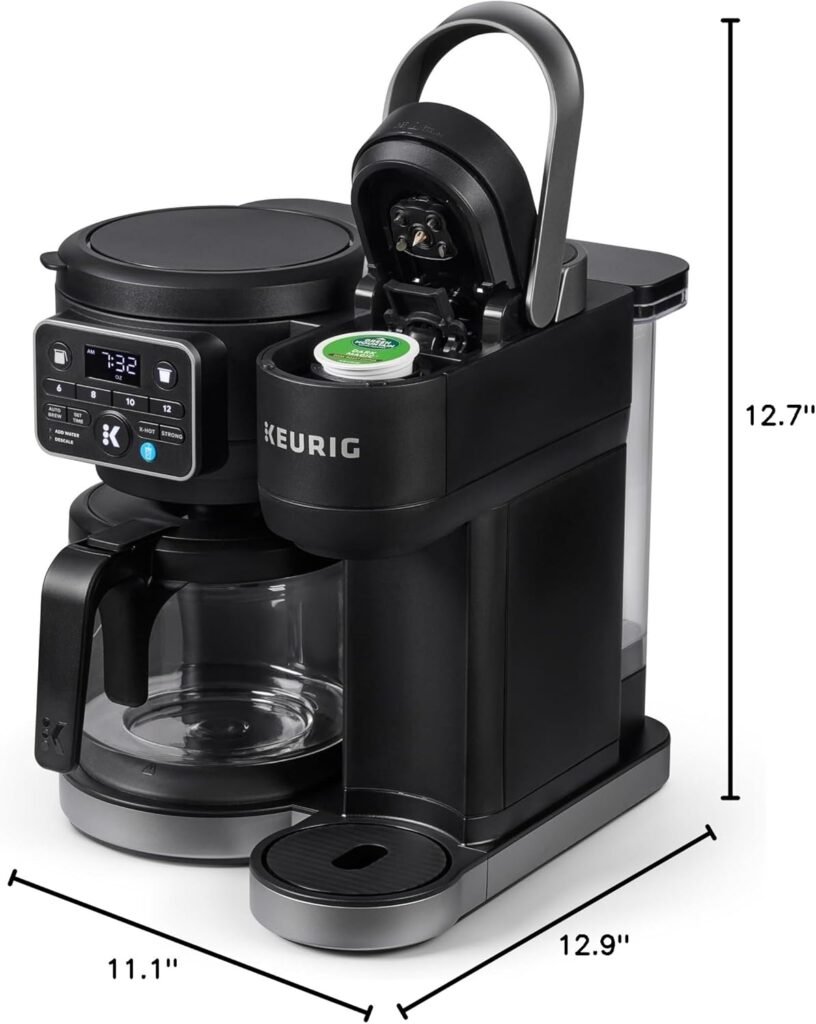 Keurig dual-brew coffee maker brewing hot coffee into a glass carafe on the left and dispensing iced coffee into a clear tumbler on the right.